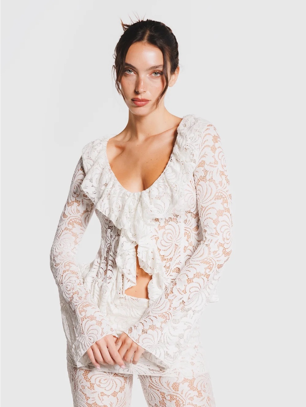 Insomnia Studio Pearl Blouse in Lace Pearl Ivory Cream Ruffle Bell Sleeve Top